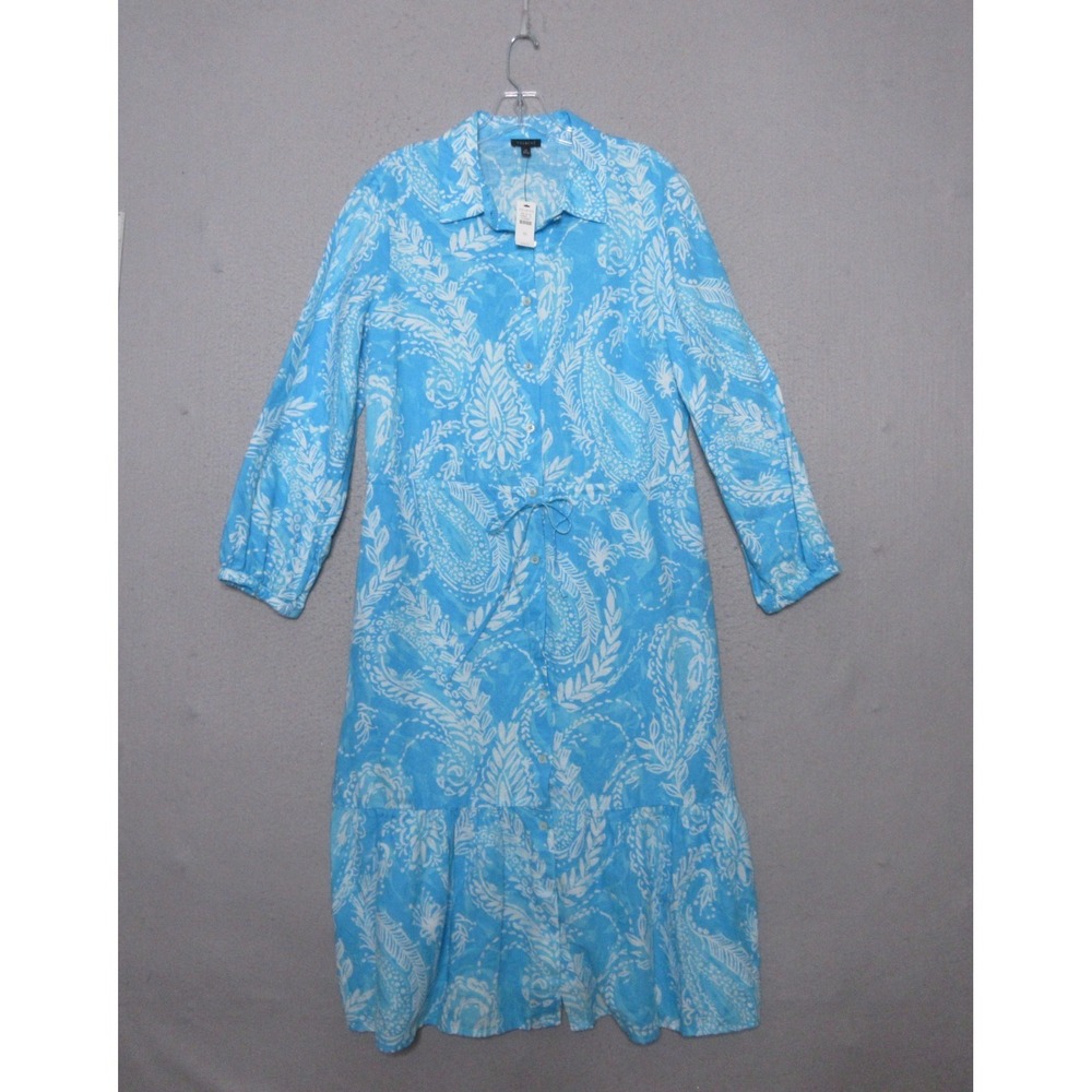 Talbots Dress 10 Blue Midi Paisley Linen Cotton Shirt‎ Dress Tiered Beach NWT